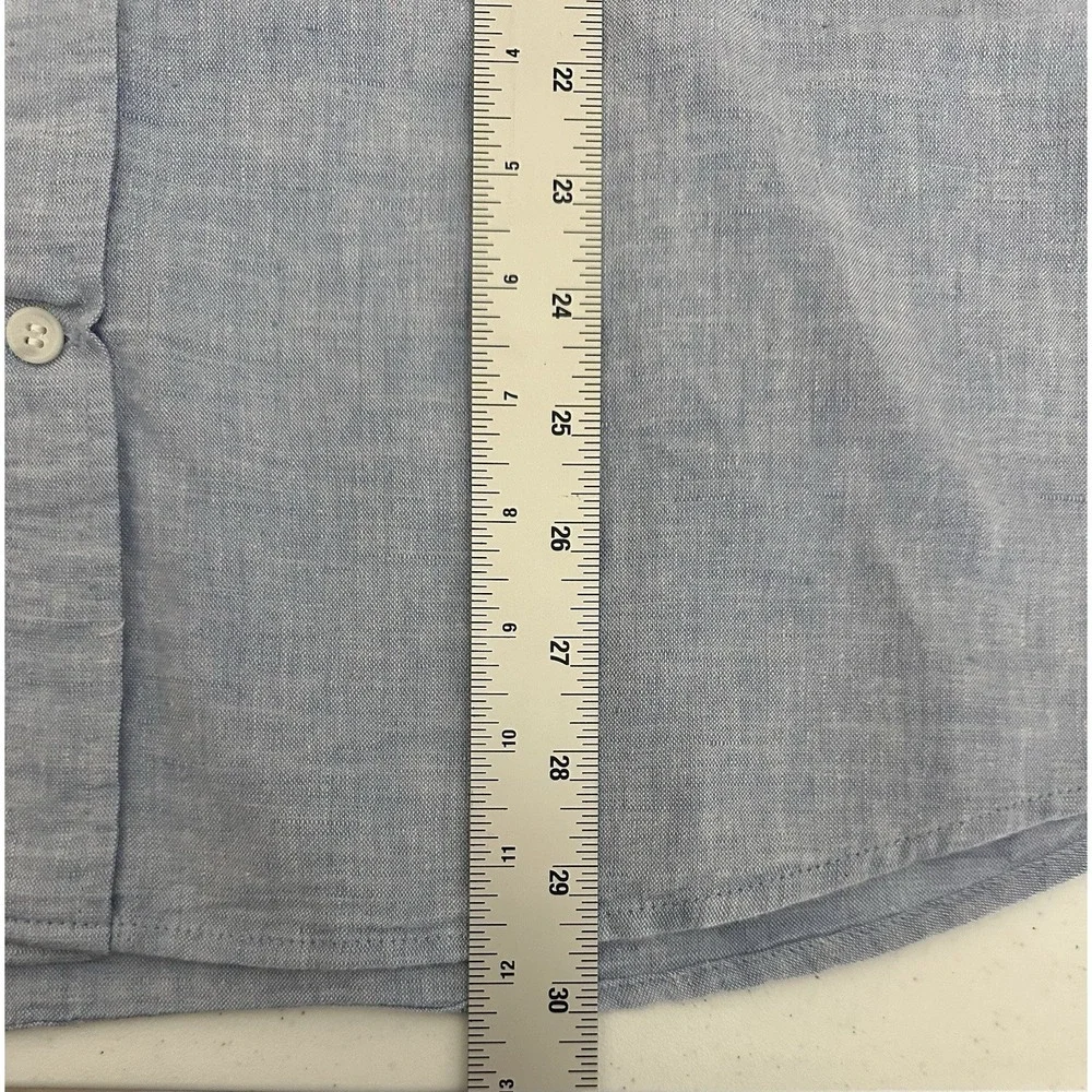 Banana Republic Men's L Tall Blue Linen-Cotton Slim Short Sleeve Button-Up Shirt